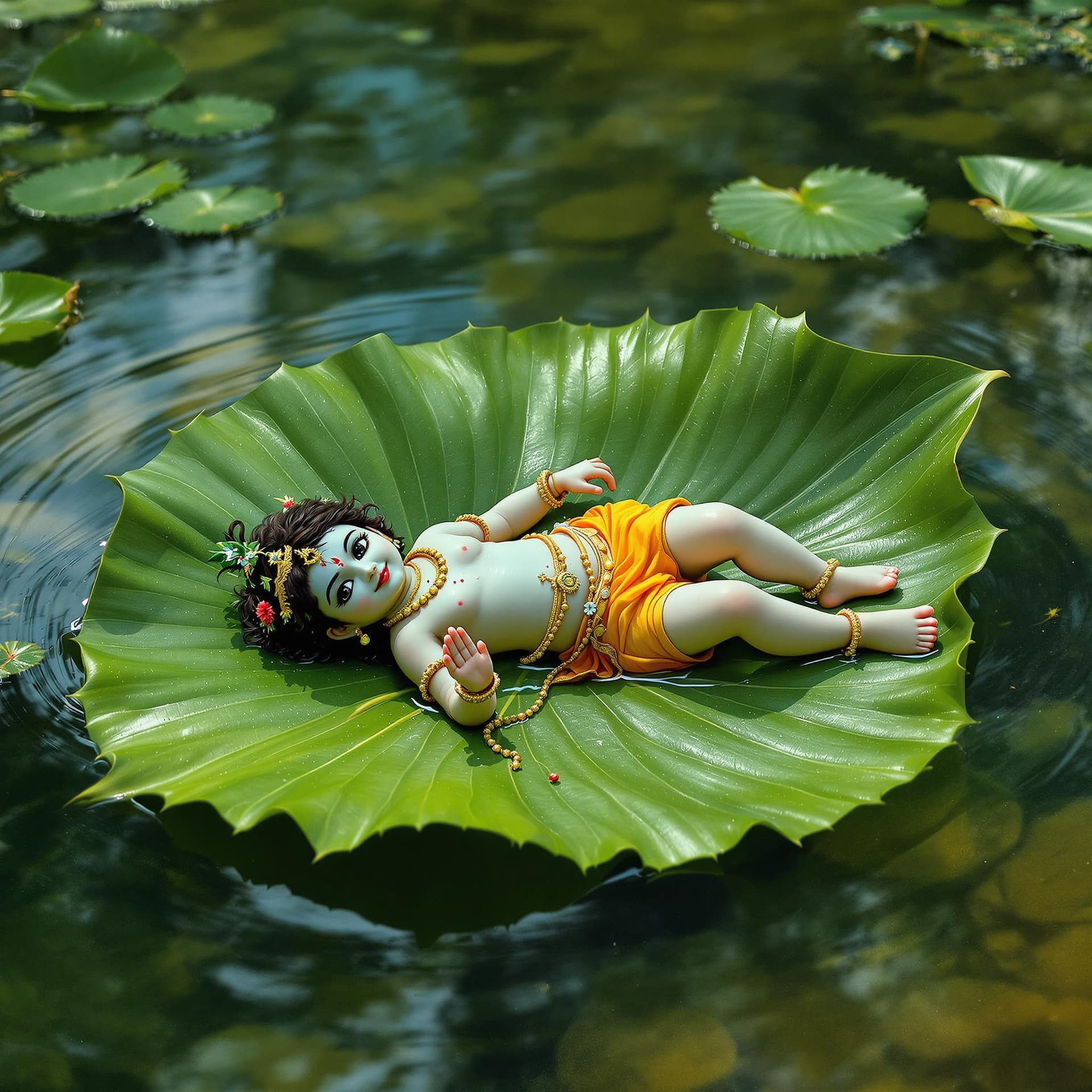 AI generated: Indian god baby Krishna without dress lying on the leafe .Leafe in the water photo graph full hd.