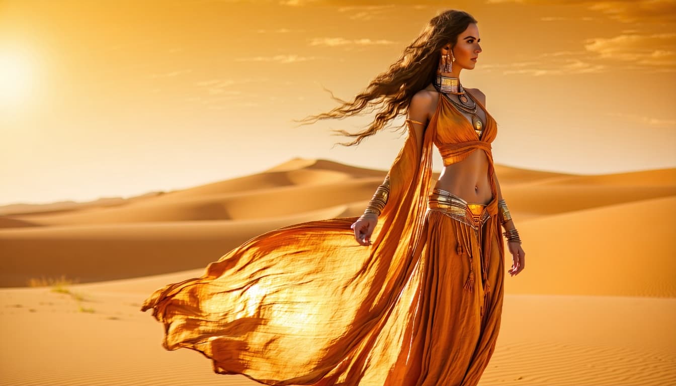 AI generated: An ultra-realistic, full-body view of a mesmerizing desert prophetess woman, radiating ancient wisdo...
