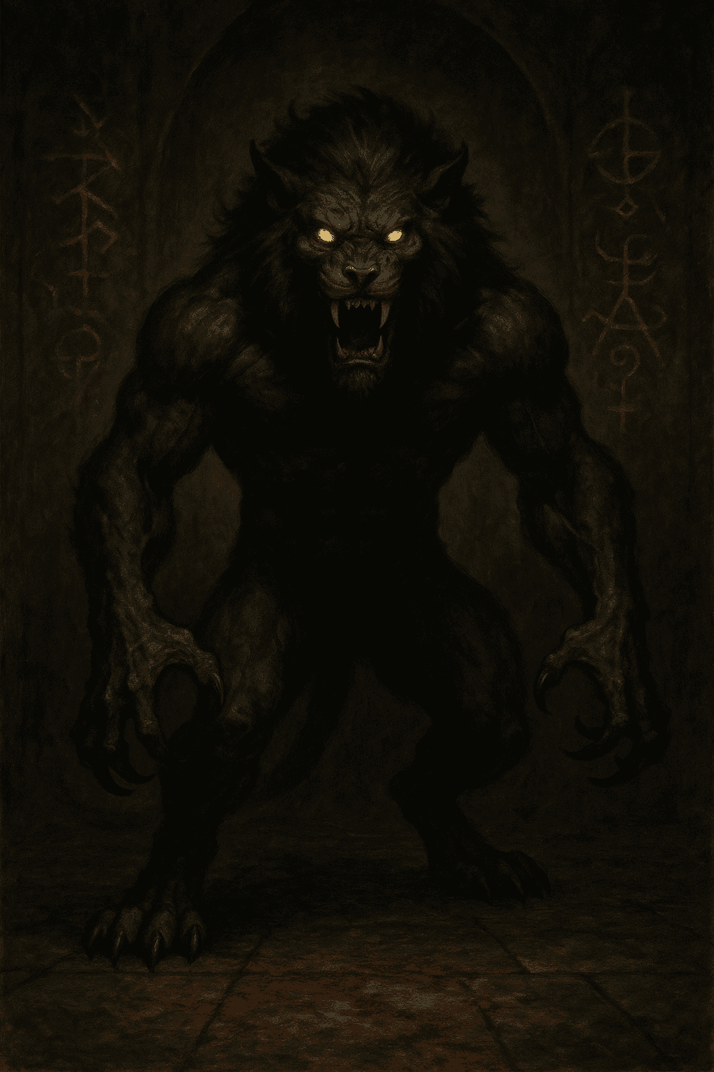 AI generated: a monstrous humanoid beast with a lion-like, dramatic chiaroscuro lighting, blood-stained stone floo...