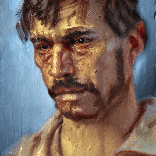 AI generated: professional portrait of XIX century worker, male, tired look, XIX century, heavy brushstrokes, text...