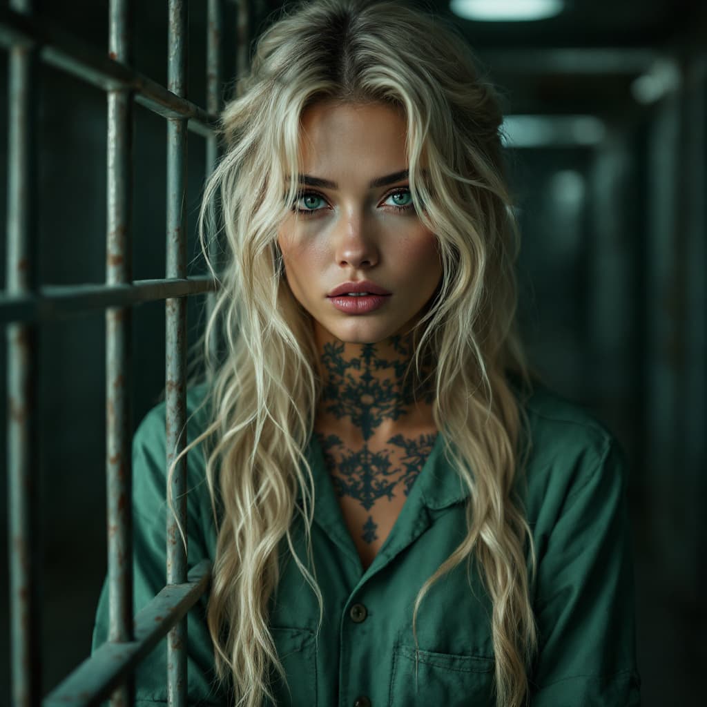 AI generated: female prisoner gorgeous blonde, prison, green suit, cell, tattoo, (tattoos), (full body visible), l...