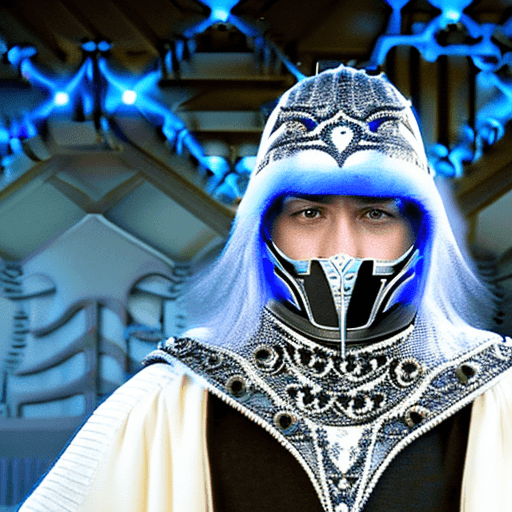 AI generated: Digital matte painting, sub zero wearing a blue ninja mask, covered in white porcelain skin, blue gl...