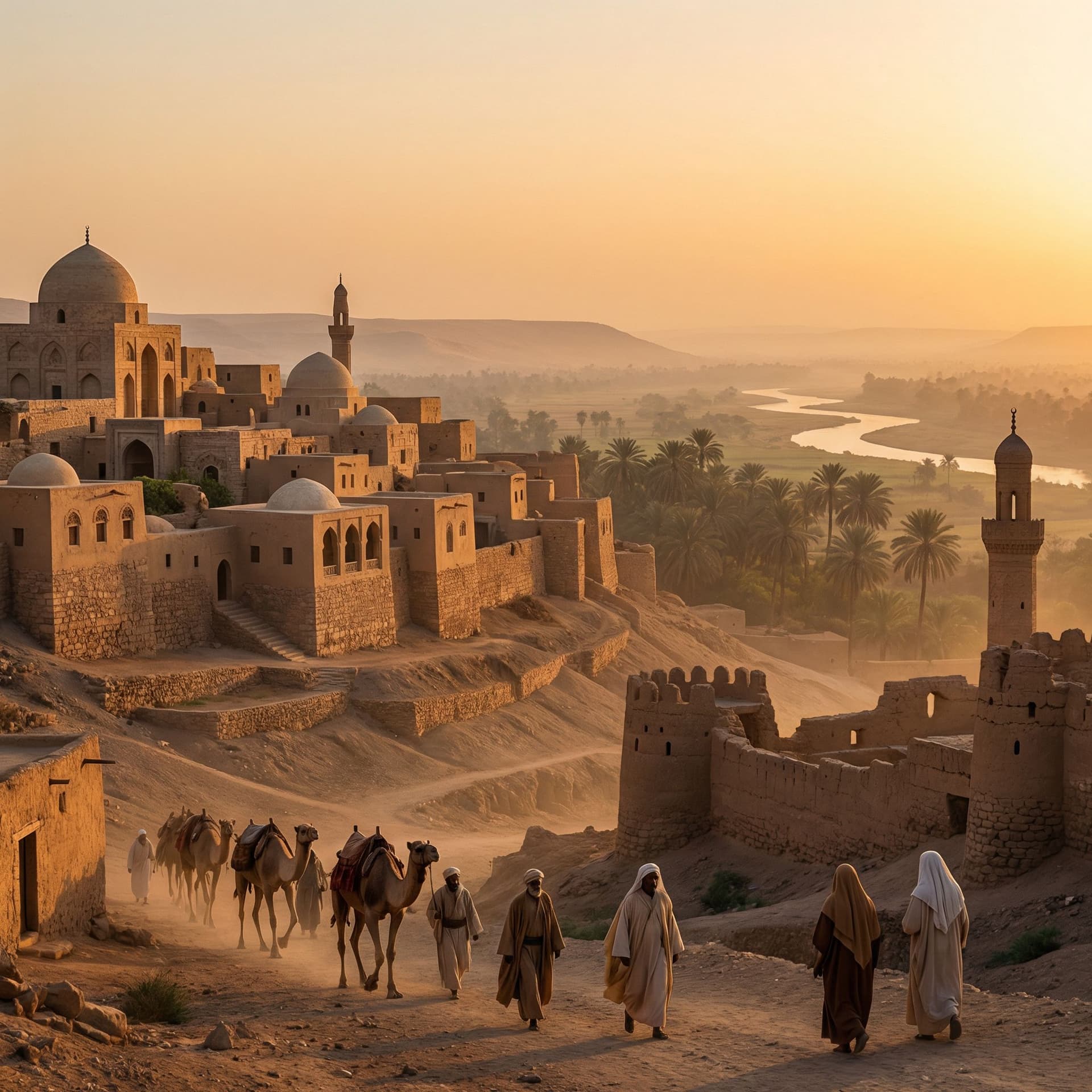 AI generated: Old arabic style vibe of abassian , time of down , beautiful landscape view 
