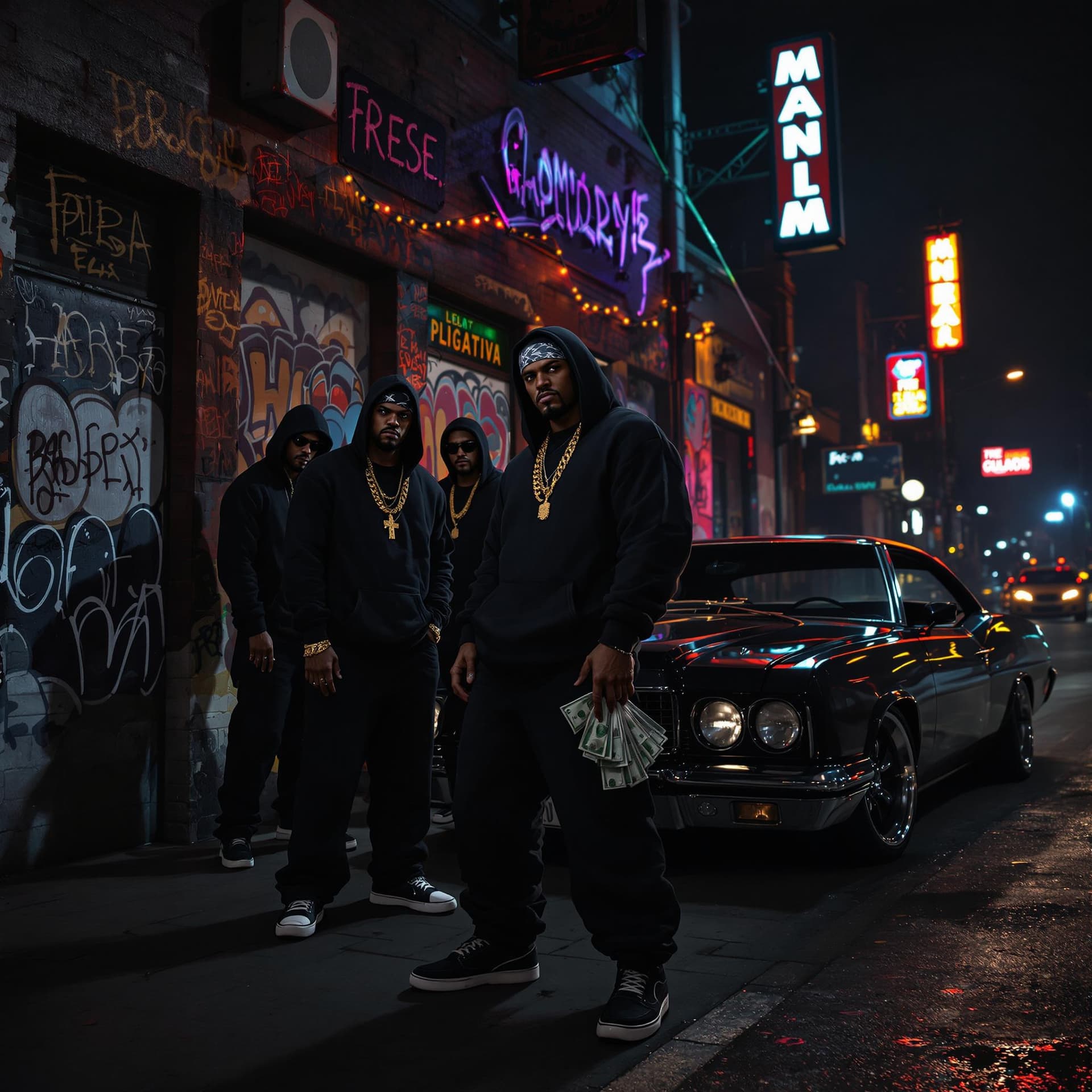 AI generated: "A dark and gritty urban street scene at night, illuminated by dim streetlights and neon signs. A gr...