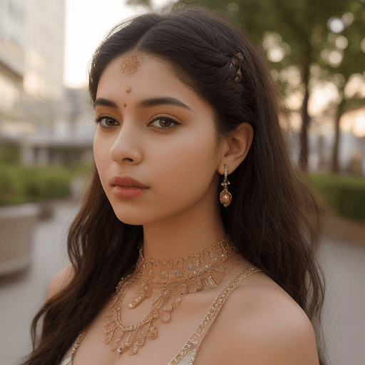 AI generated: 1 indian girl,(sharp focus), mall background, full lanhga dress up , earrings, hair over one eye, je...