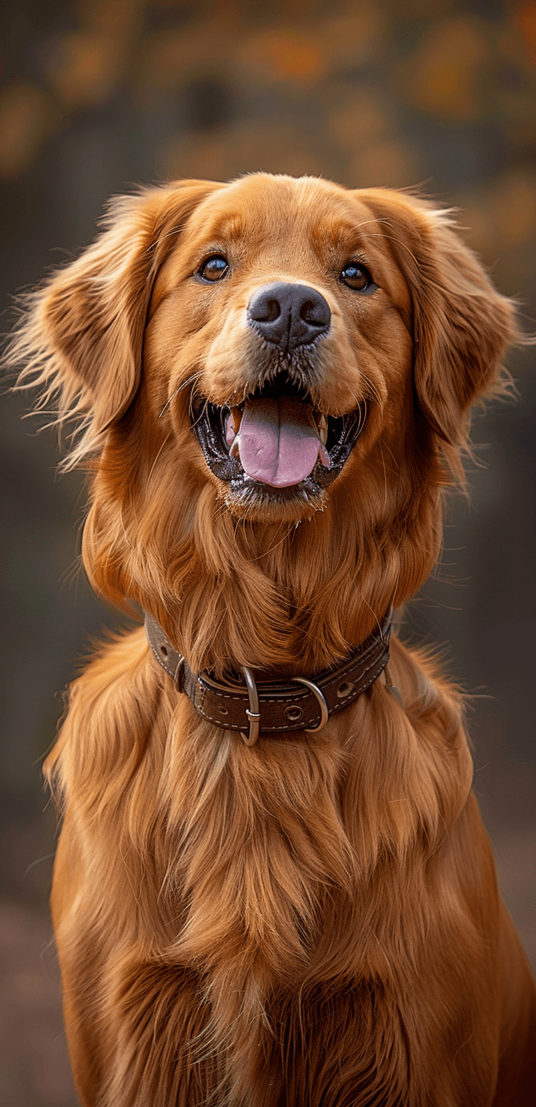 AI generated: A golden retriever wearing a collar smiling, head tilted, pure happiness, hyperrealistic close-up ph...