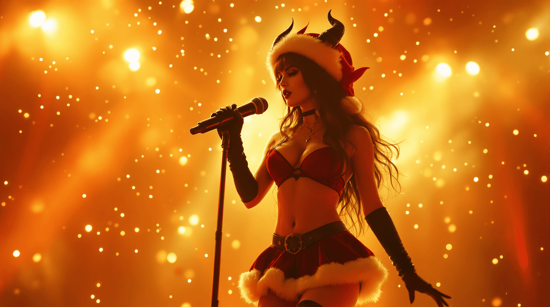 AI generated: wideangle, distant composition (feet up,). photo of a female red demon (succubus), bathed in a warm,...