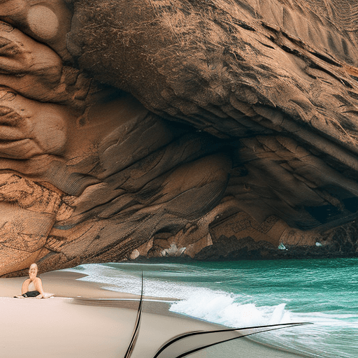 AI generated: Photography of woman laying on the beach, dark and moody, waves crashing against rocks, she is weari...