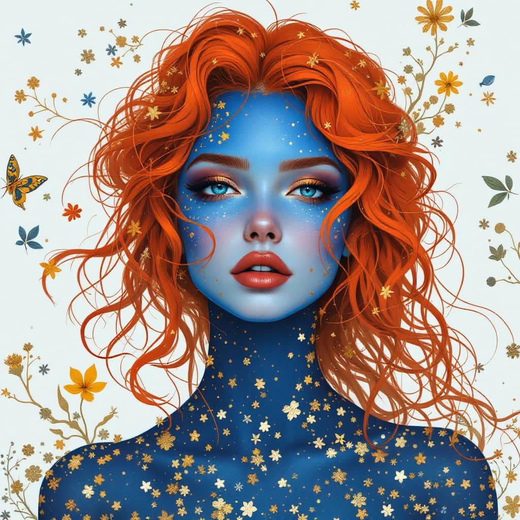 AI generated:  A woman in blue paint with a red hair, in the style of hyperrealistic marine life, dark gold and go...