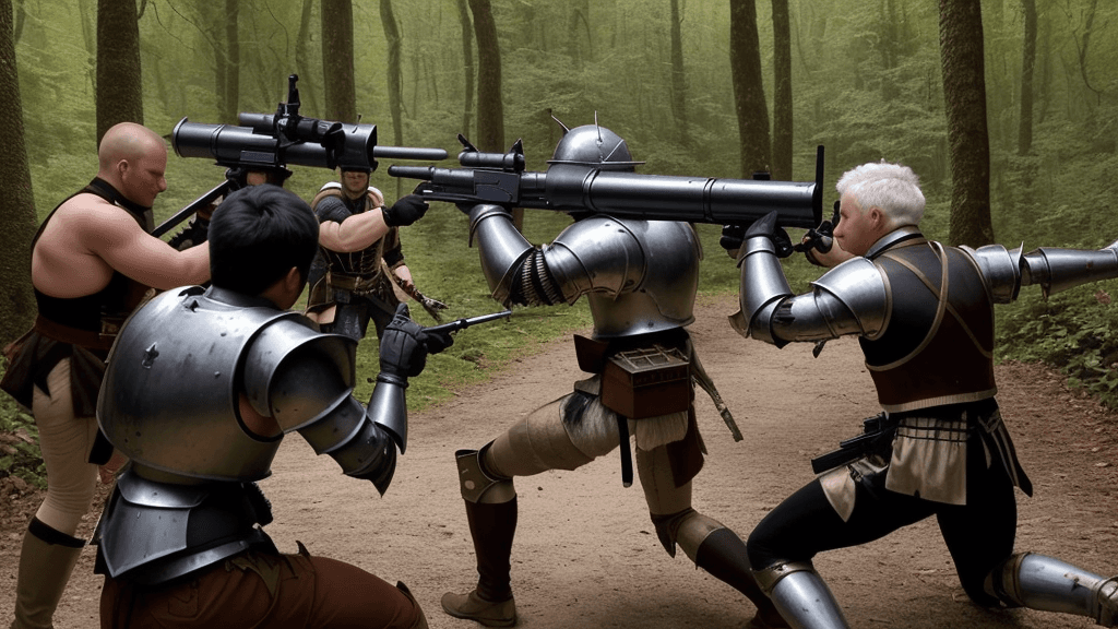 AI generated:  human male Armoured warriors shooting an old gun from 18ths century in a forest

