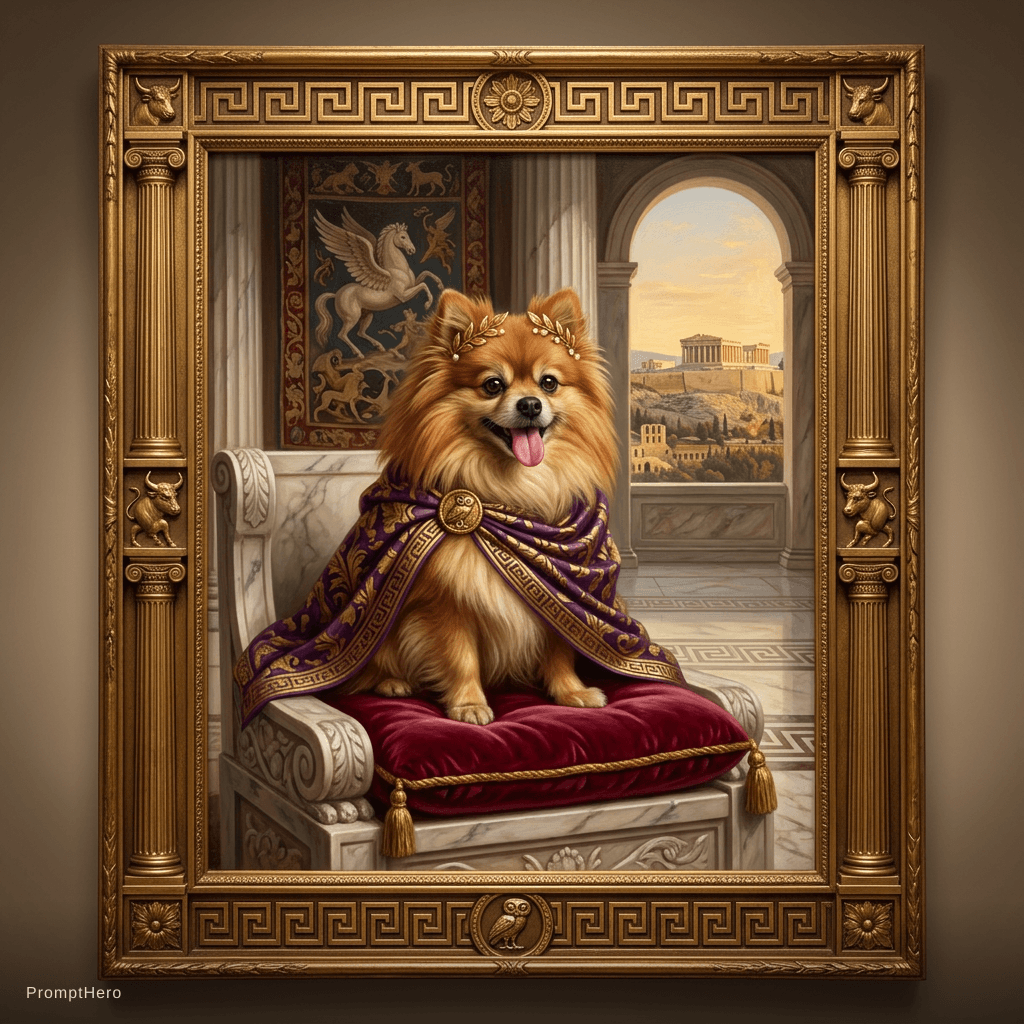 AI generated: the pomeranian as greek royalty