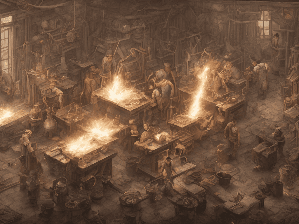AI generated: In the heart of a bustling provincial village, a blacksmith, callused and powerful, hammers away at ...