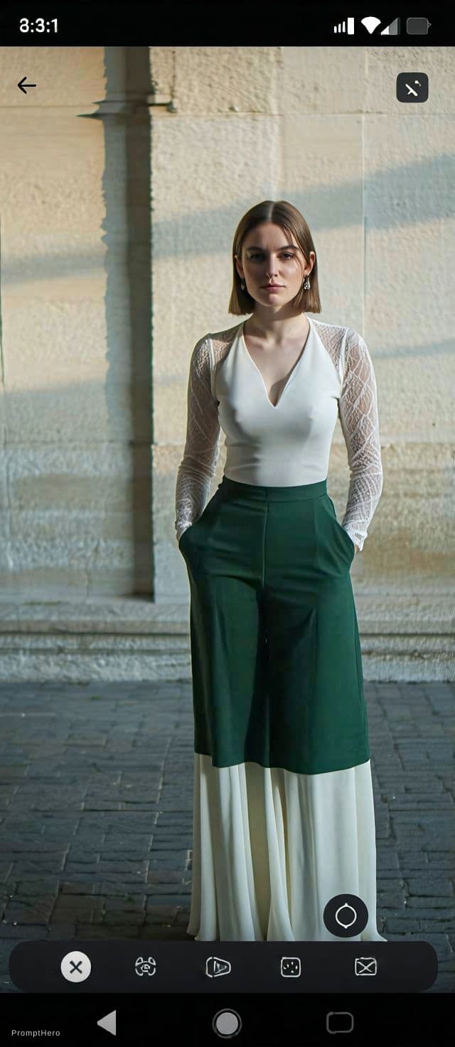 AI generated: Keep the same top but shoe deep cleavage with heavy bust. DONT CHANGE ANYTHIN ELSE.