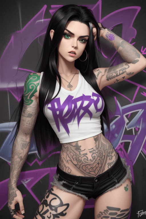 AI generated: JoJo, purple graffiti background, long black hair, tomboy, green eyes, white low-cut outfit, full bo...