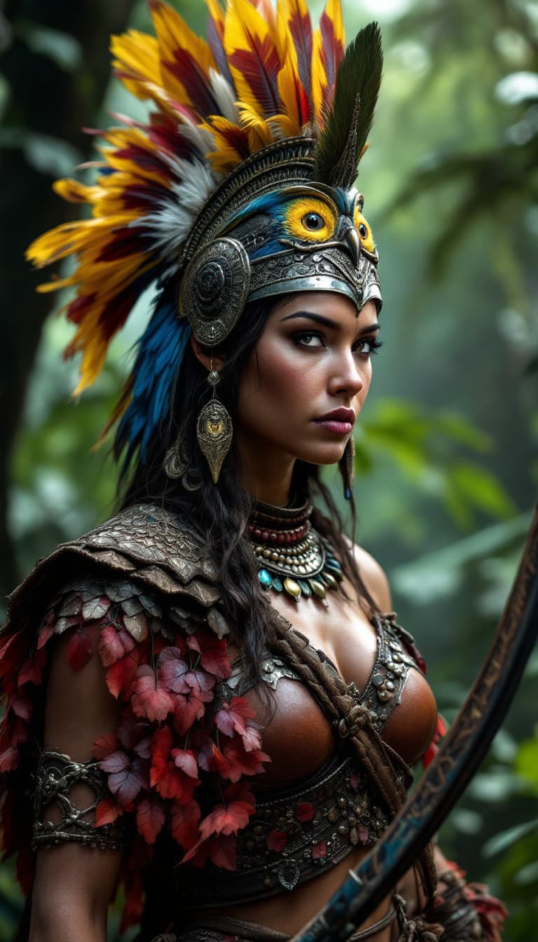 AI generated: Photo of a ultra realistic Indigenous woman warrior, holding an bow and arrow, helmet with macaw fea...