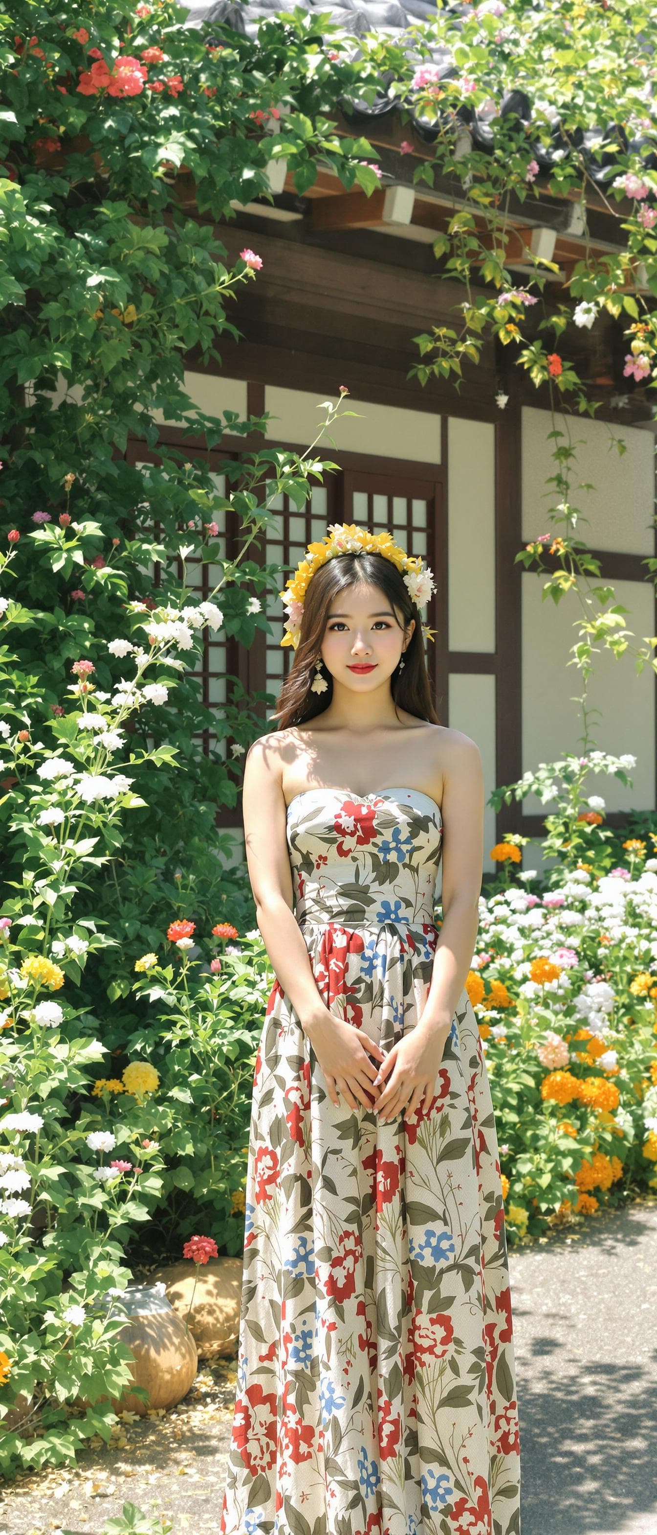 AI generated: A beautiful Japanese girl, full body, korean ulzzang face, wearing a strapless dress, standing grace...