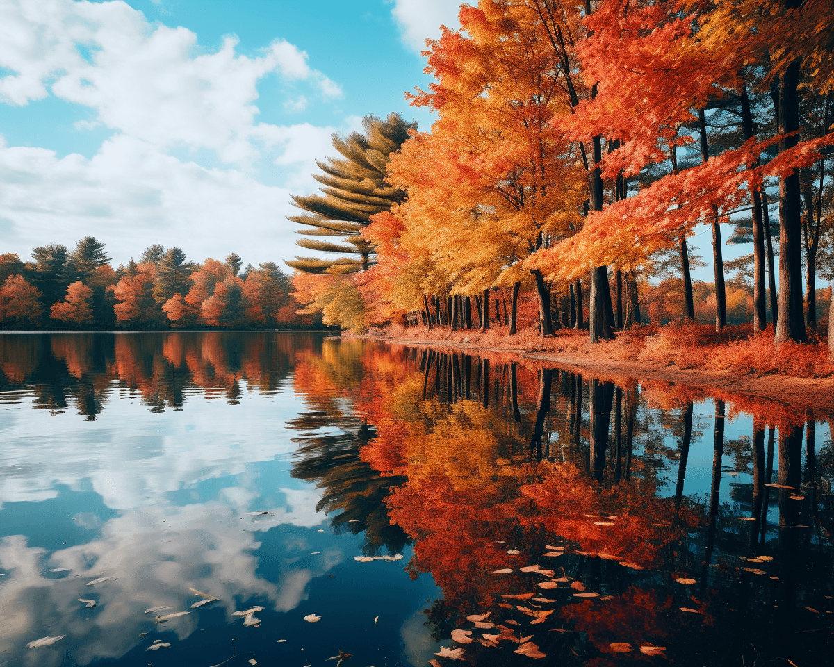 AI generated: beautiful autumn trees surround the lake with colorful foliage, in the style of 1970–present, natura...