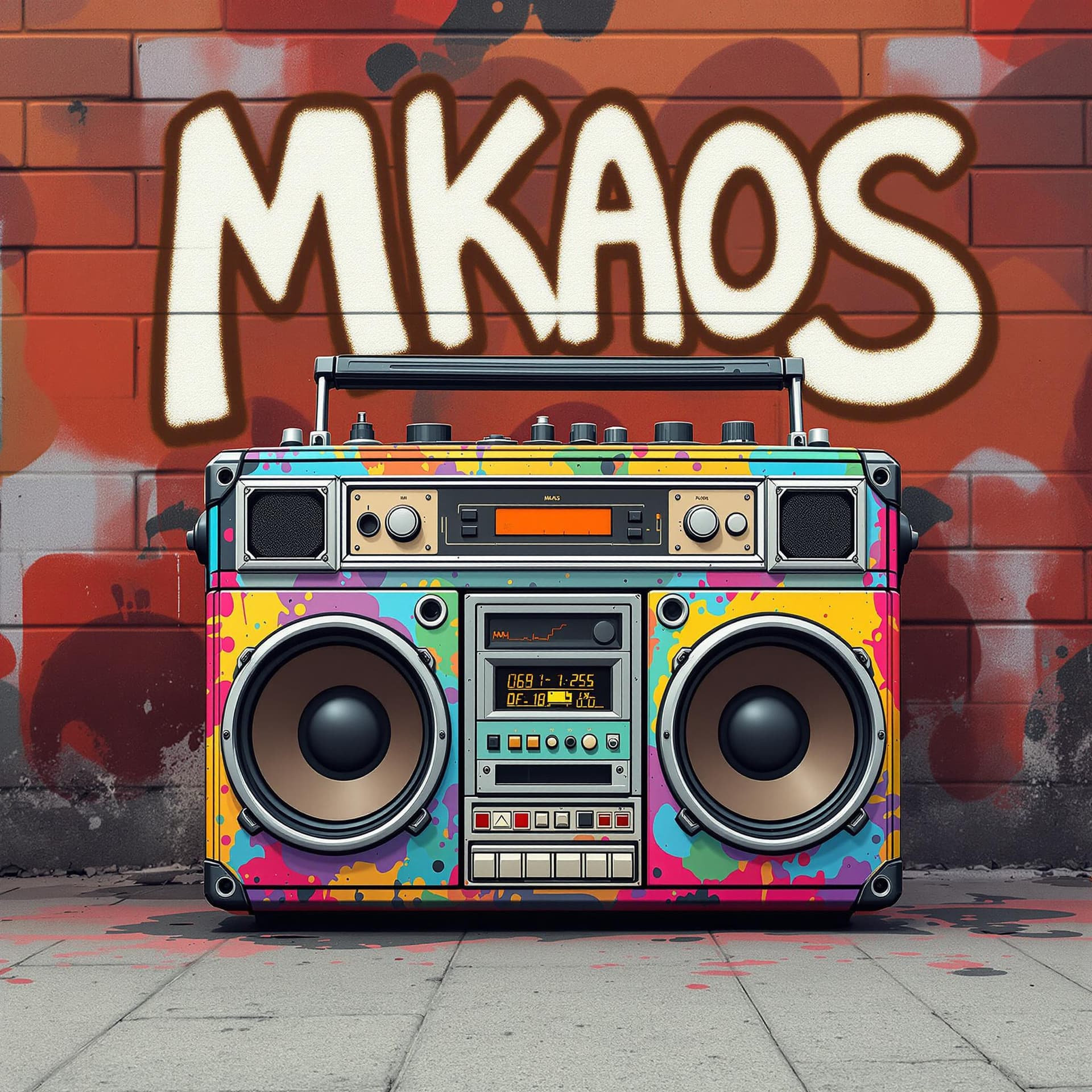 AI generated: front view of a multicolor old school boombox in front of a street wall with graffiti saying "MKAOS"...