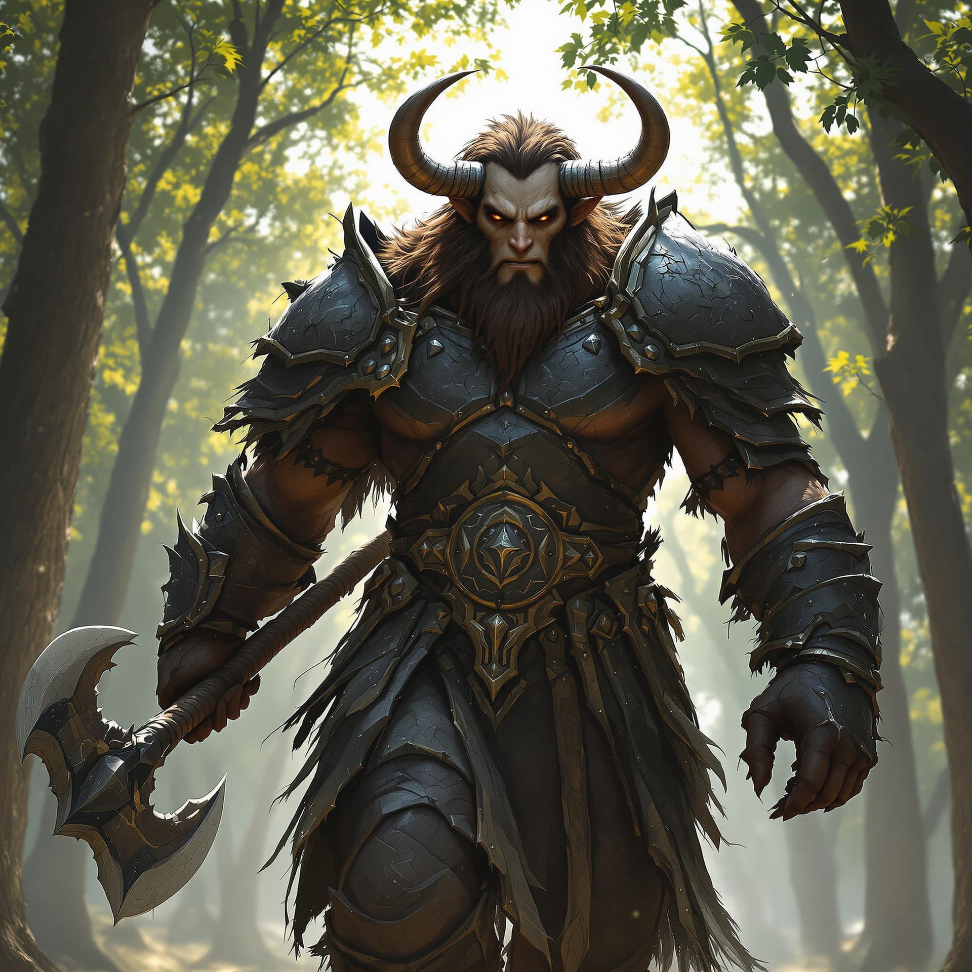 AI generated: A minotaur warrior, his face with humanoid features, dressed in battered black armor, walks imposing...