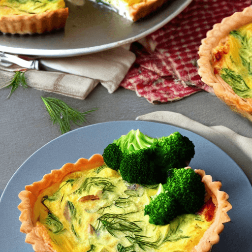 AI generated: salmon quiche based with onion, chopped dill, cheese, broccoli, cooked well