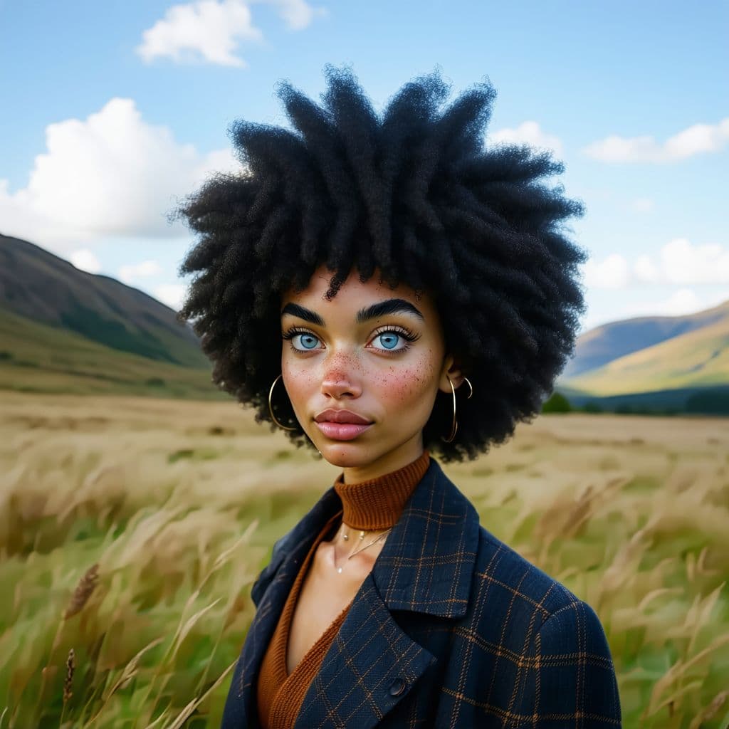 AI generated:     /imagine prompt: woman with afro hairstyle, piercing blue eyes, standing in a field, outdoor fas...