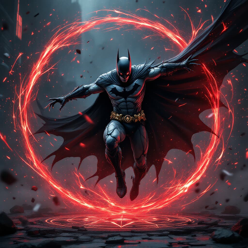 AI generated: Demonic Batman with dark aura around, agressively spinning around in circle with his claws creating ...