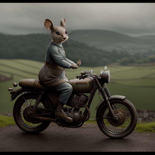 AI generated: cinematic film still award winning photo, style beatrix potter, two grey mice, rust, epic, riding ol...