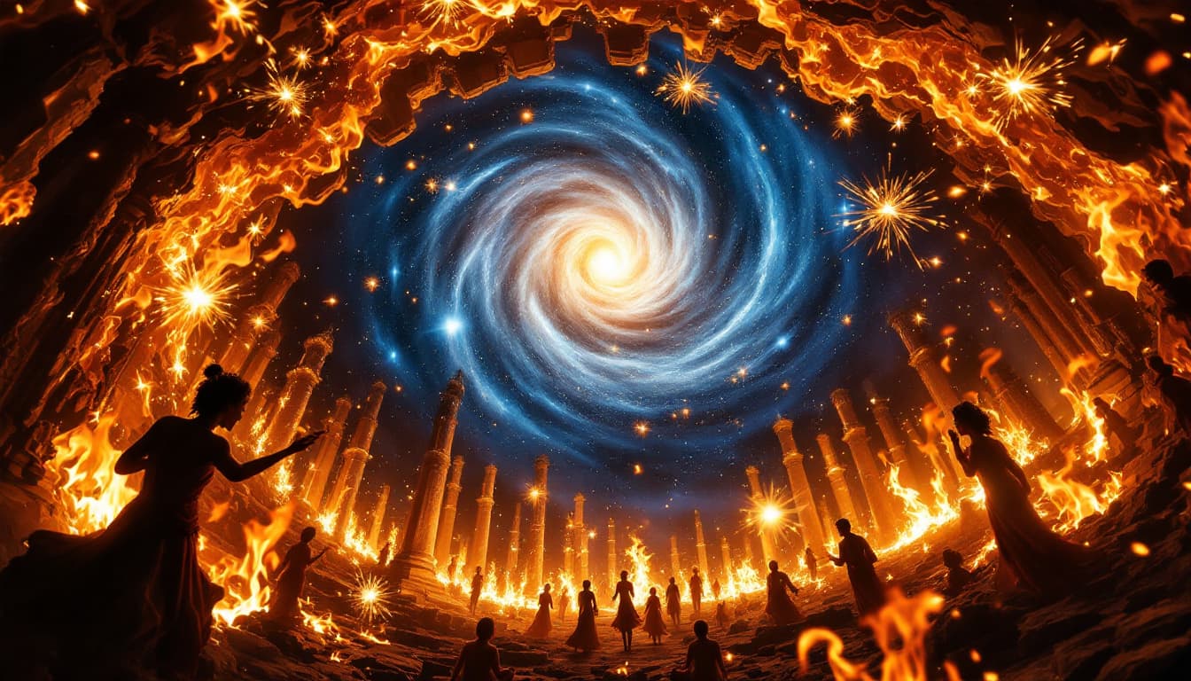 AI generated:  From Inside a Flickering Flame
The camera is placed inside a fire, looking up.
The flames distort t...