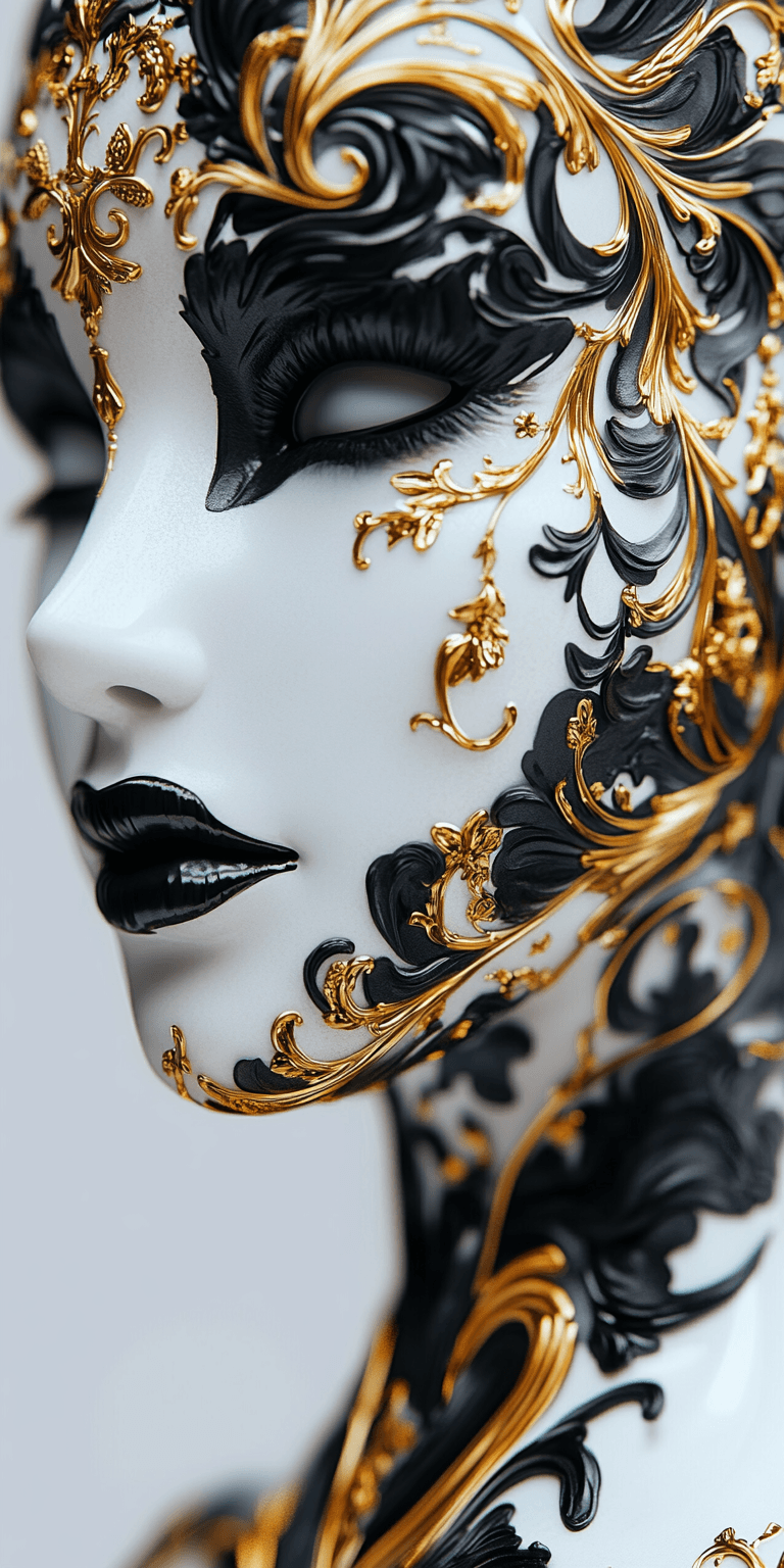 AI generated: Close-up of an ivory mask with black and gold floral designs, white background, glossy magazine-styl...