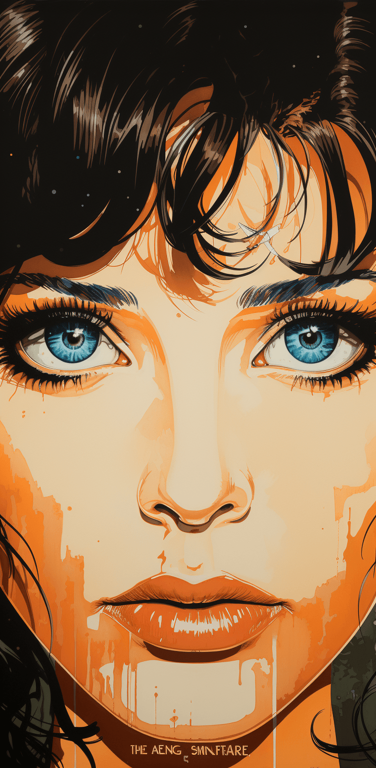 AI generated: the girl with black hair and blue eyes has a tattoo, in the style of patrick nagel, dark orange and ...