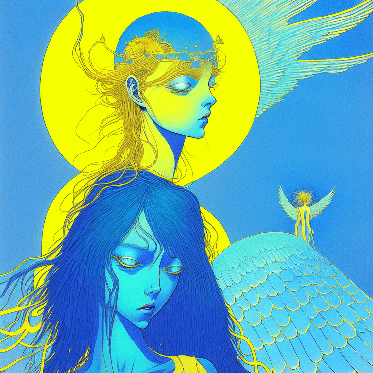 AI generated: a blue girl with gold angel halo head, whimiscal acid nightmare pshydelic lsd melted by moebius and ...