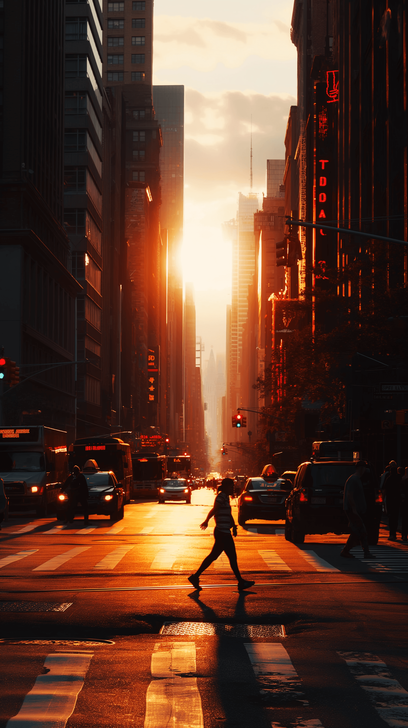 AI generated: cinematic, evening cityscape with a pedestrian crossing a street, illuminated by the warm colors of ...