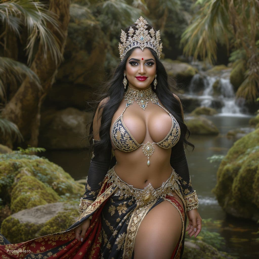 AI generated: A South Asian curvy woman, appearing to be in her late thirties with large breasts, She wears an bik...