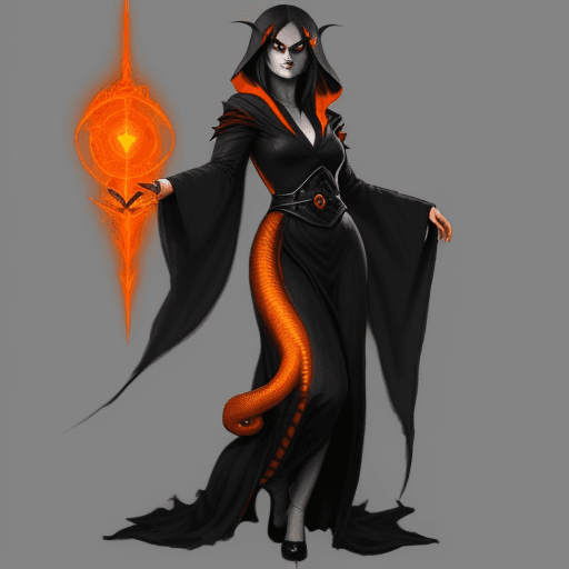 AI generated: Full body portrait of game character, woman sorcerer elegant, snake lower half, bright orange eyes, ...