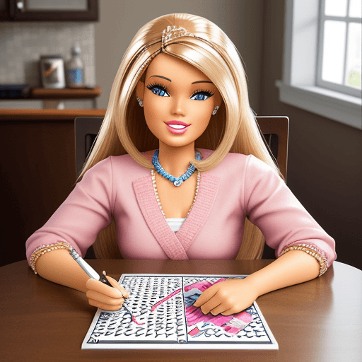 AI generated: Photo of a ultra realistic barbie doll smiling  playing crossword magazine