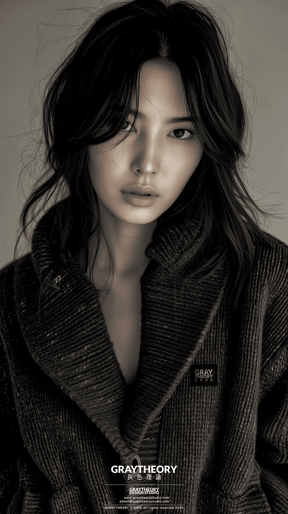 AI generated: Cardigan, dark charcoal color, young korean woman model, stylish hairstyle and make-up, gaze, the ca...
