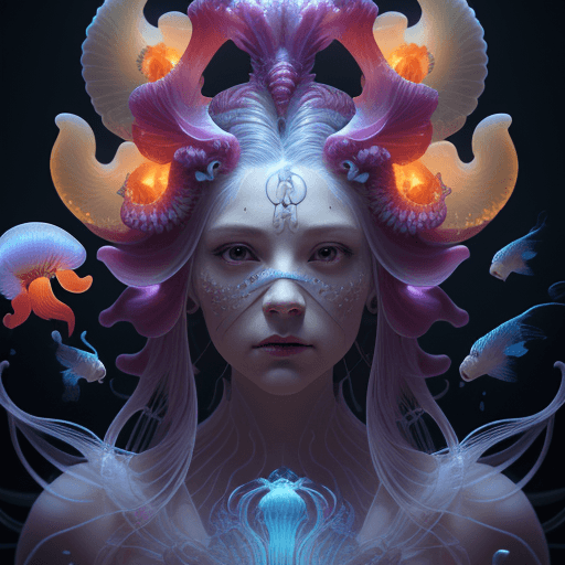 AI generated: Goddess close-up portrait ribcagel. jellyfish phoenix head, nautilus, orchid, skull, betta fish, bio...