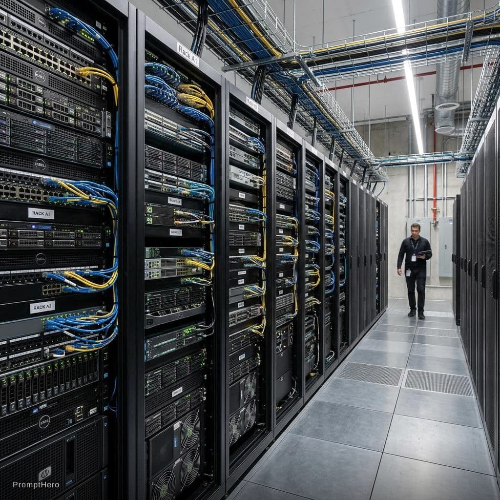 AI generated: A server wall on the left of the image