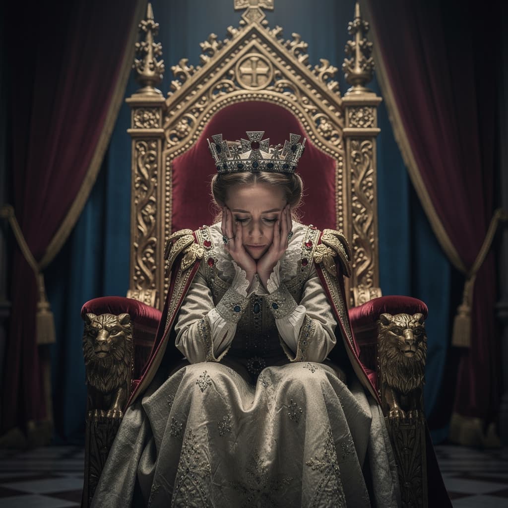 AI generated: portrait of a Queen sitting on her throne. She is leaning over with her elbows resting on her knees....