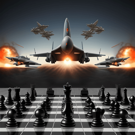 AI generated: Giant chessboard, being bombed by warplanes. Soldiers run across the board, shooting at the chess pi...