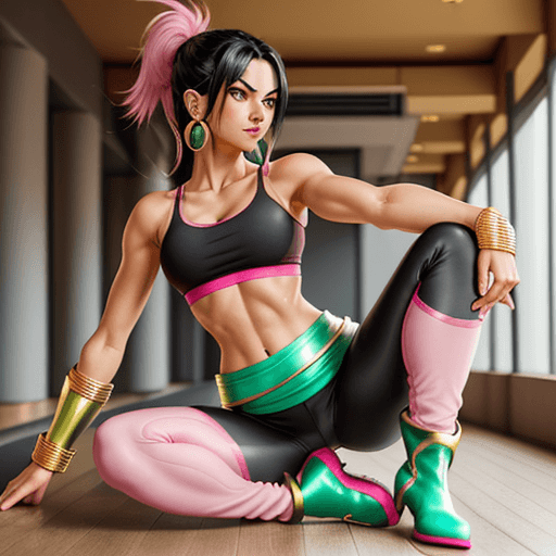 AI generated: pink yoga bra, pink yoga pants, golden bracers, golden boots, green earrings, black hair, black eyes...