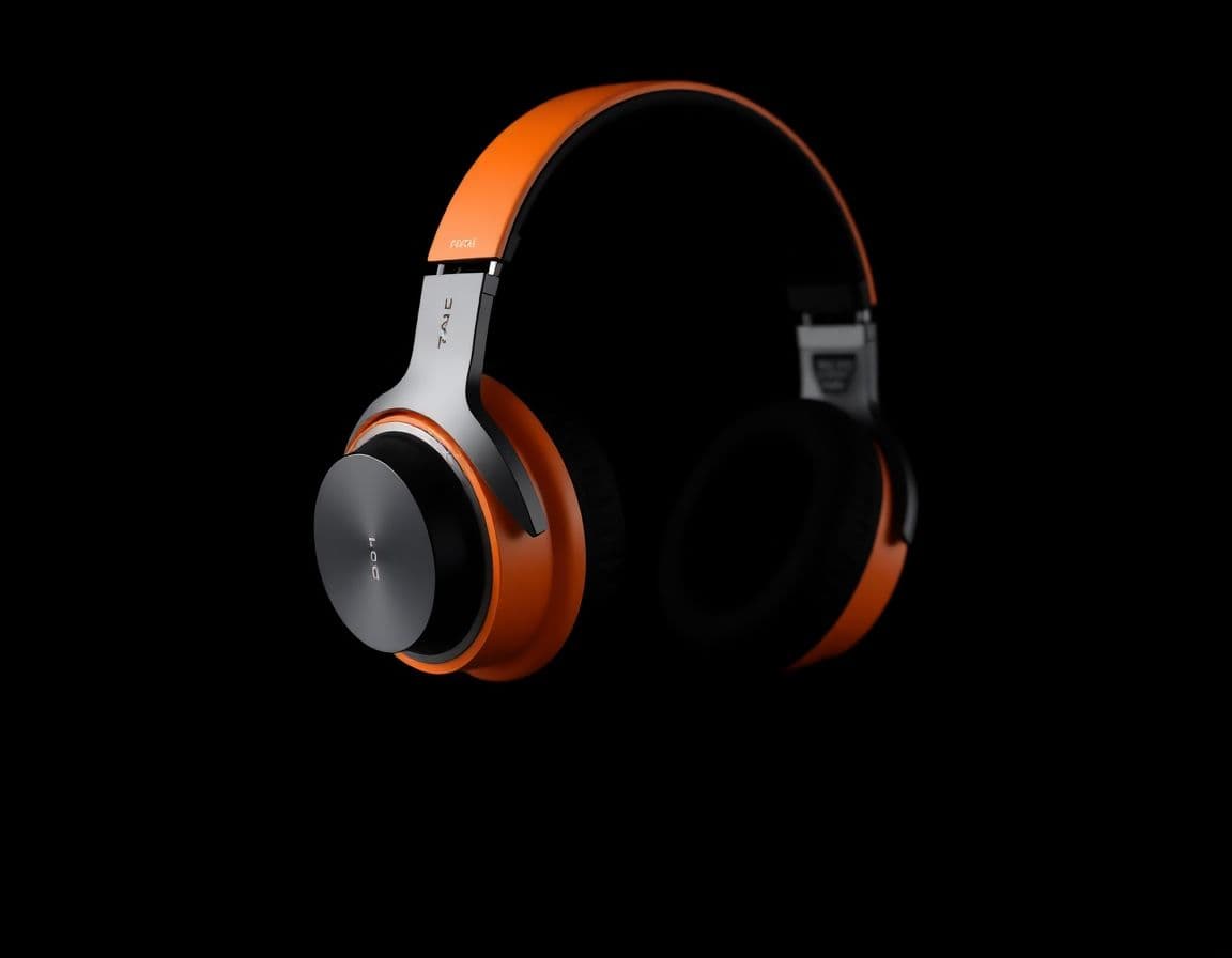 AI generated: Product photography, concept design, Focal High-End headphones, orange headset, sleek waterproof des...
