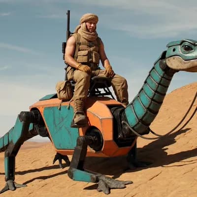 AI generated video: A lone desert scout riding a robotic reptile-like pack mount up a rocky slope under a wide open sky,...