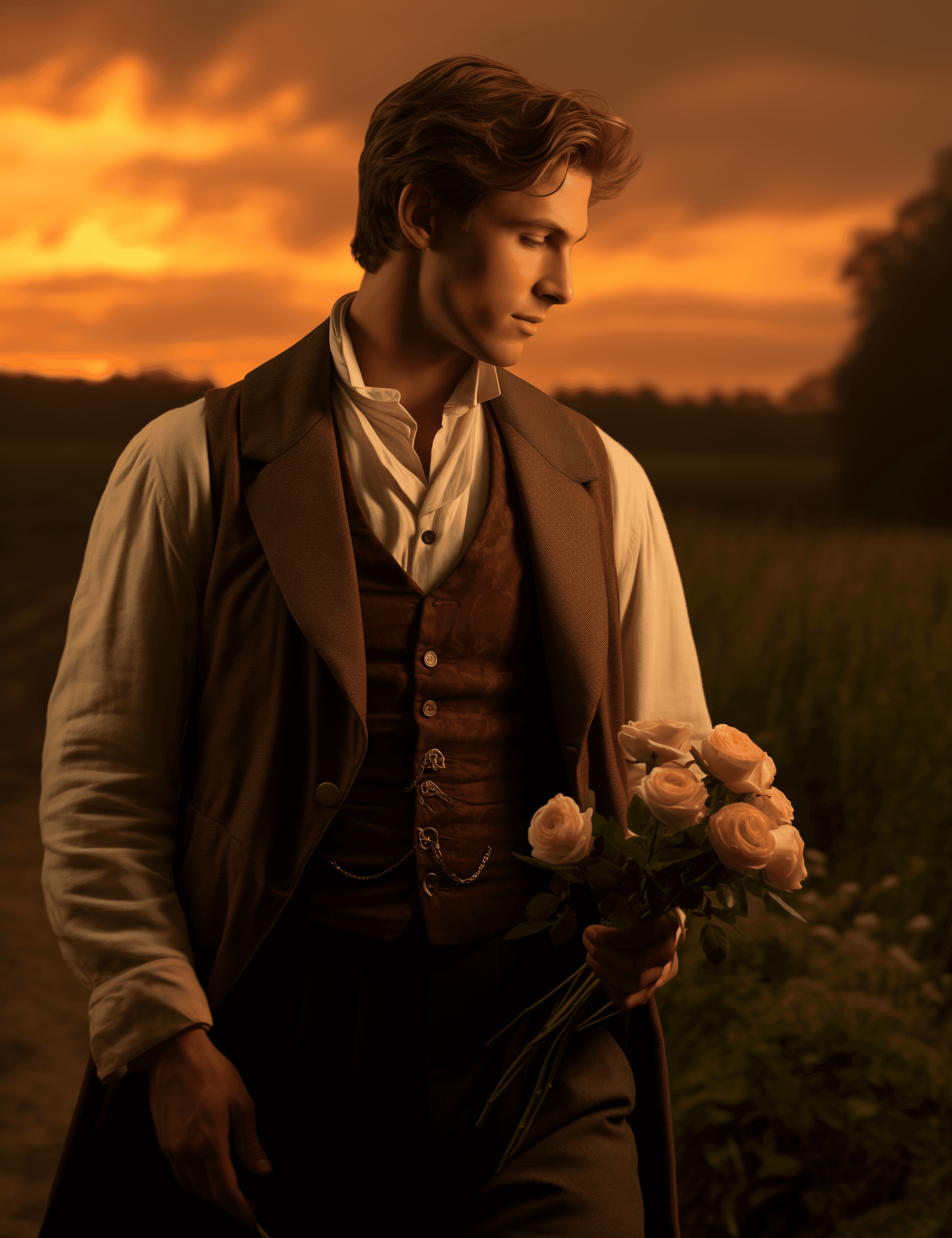 AI generated: A gentleman in Victorian standing on the side of an English country road, holding his hat and lookin...