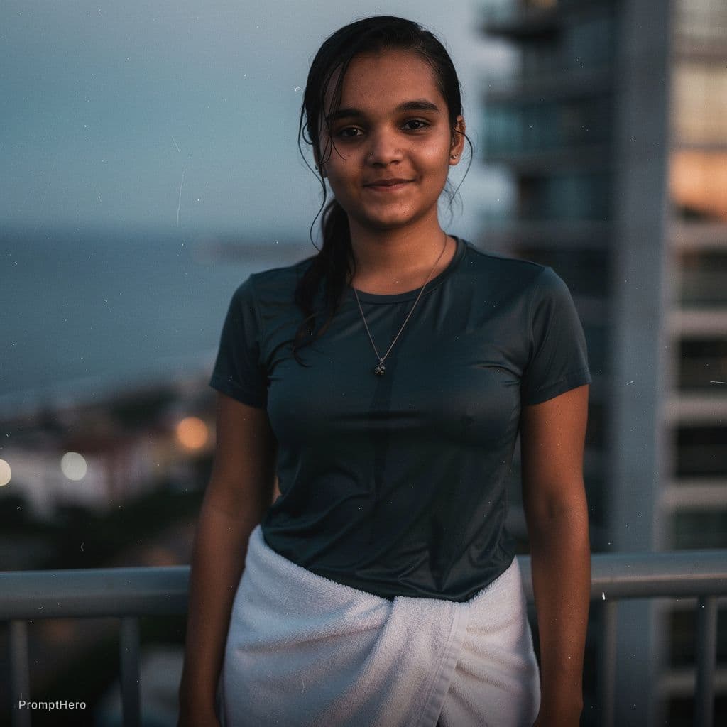 AI generated: A documentary style photograph of a young female on a high balcony just after swimming. Her long dar...