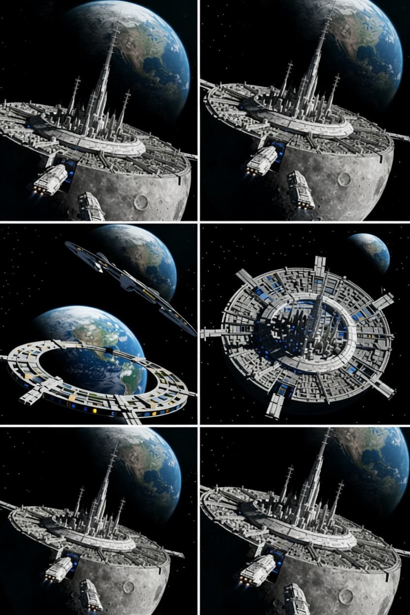 AI generated: Create a Sci-fi imagery. Show more orbital views, more orbital images, of this Moon Base orbiting Ea...