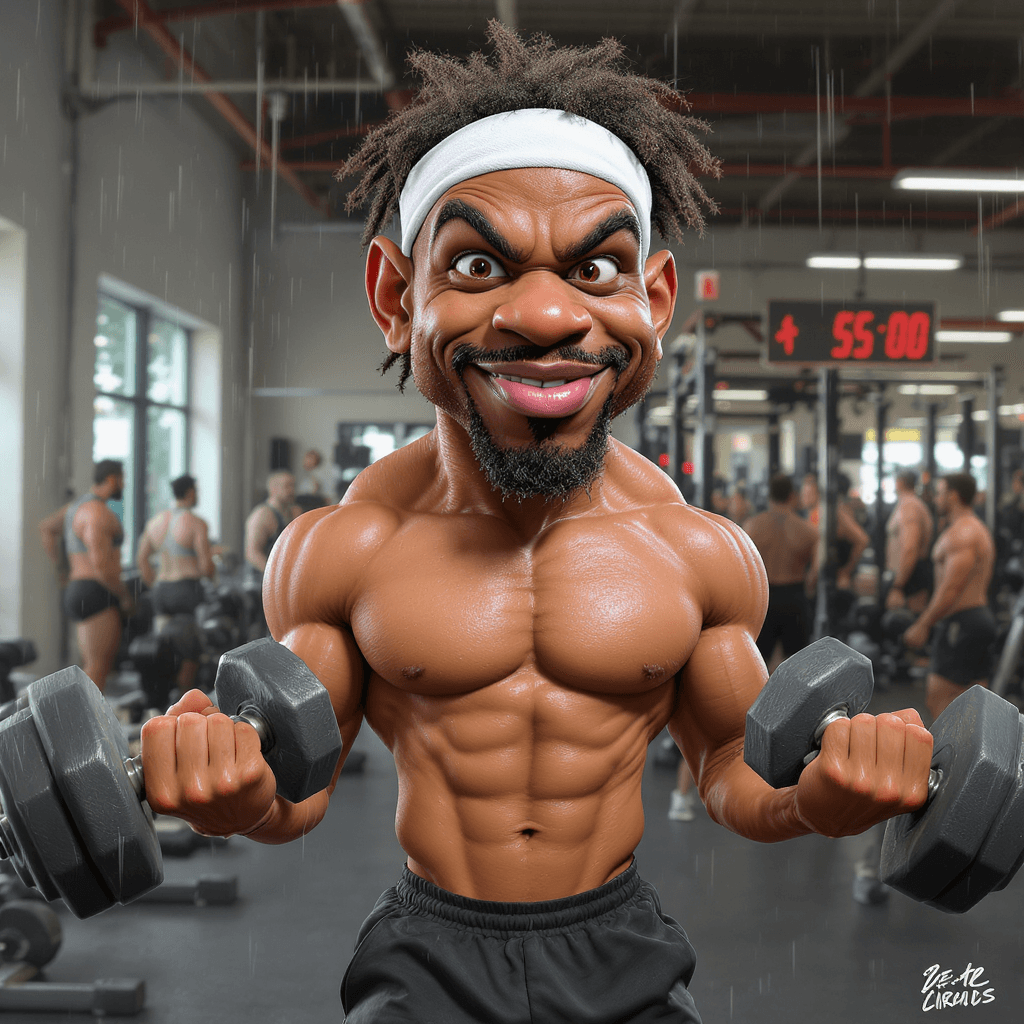 AI generated: funny caricature, ultra-fit enthusiast caricature, adult african-american male, 28 years old, extrem...