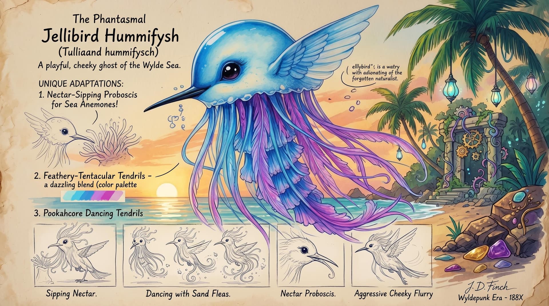 AI generated: A whimsical field guide study featuring a phantasmal ghost in the form of a jellyfish blended with a...