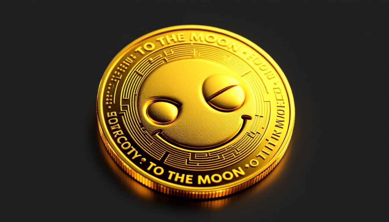 AI generated: A high-quality, hyper-realistic digital rendering of a golden meme coin, featuring a fun, cartoonish...