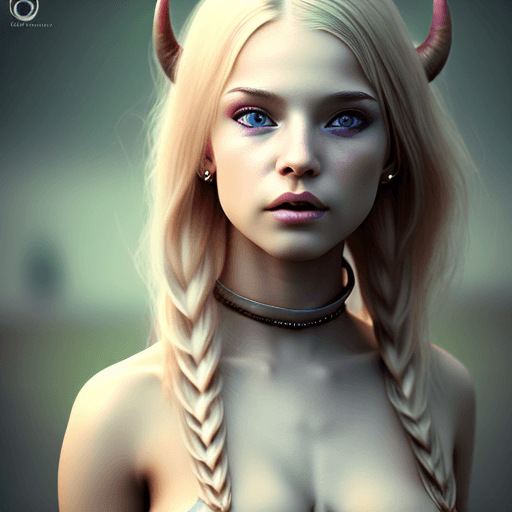 AI generated: ultra detailed, detailed, young girl with medium lenght hair blonde, cinematic, light, two horns dev...